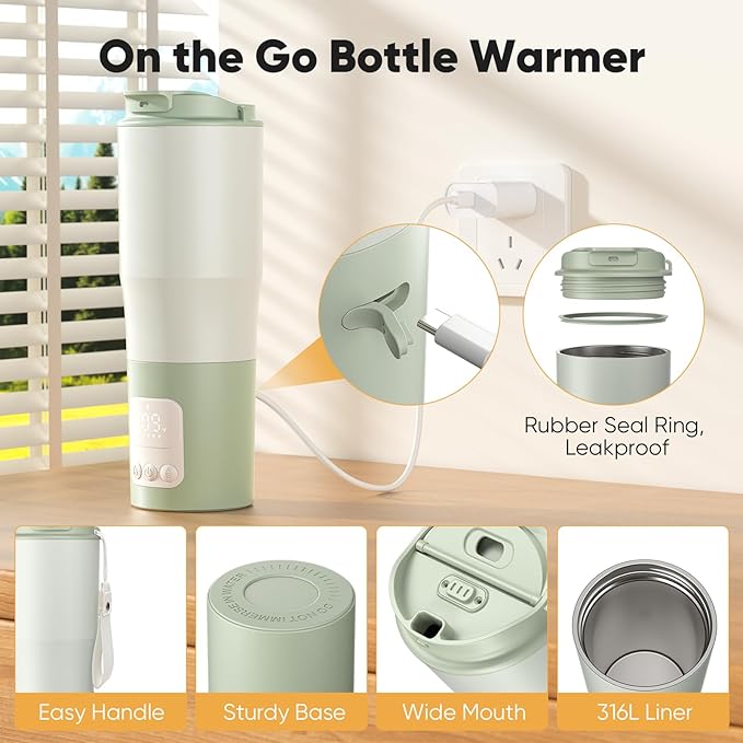 Portable Bottle Warmer 380ml for Travel, Baby Milk Warmer with Rechargeable Battery, Water Warmer On The Go for Breastmilk & Formula, Ideal Baby Shower Gifts
