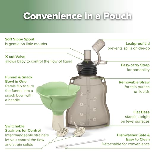 haakaa Fill & Go Yummy Pouch ＆ Flower Funnel Combo - Grey Pouch (2pcs) + Spring Green Funnel