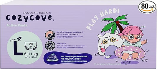 Cozycove Size 4 L (13-24 lbs) Pull Up Training Pants | Totally Chlorine Free, Fragrance Free, Wetness Indicator | Play Hard Slim Active Pants | 80 Count (4 Bags of 20)
