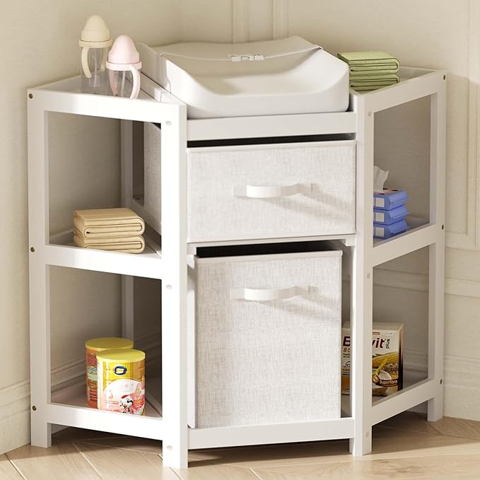 Glaf Corner Changing Table, Baby Diaper Changing Station with Storage Drawer Laundry Hamper Multifunctional Portable Diaper Station with Changing Pad for Newborn Infant (White)