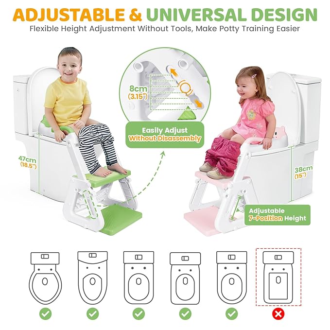 Orzbow Potty Training Seat | Upgrade Toddler Potty Training Toilet with Step Stool, 2-in-1 Stability Toilet Seat for Boys Girls | with Splash Guard, Anti-Slip Pad, Ladder, and Height Adjustable, Green
