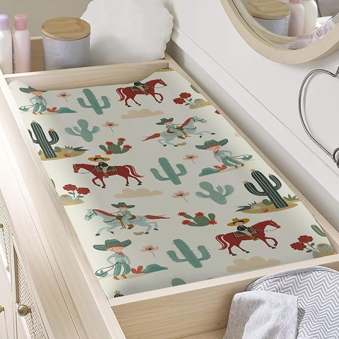 ZDCUSTOM Changing Pad Cover Cradle Sheet Diaper Changing Table Mat Comfy Cozy Cradle Sheets Soft Changing Pad Sheets Fits 32"x16" Contoured Pad Western Cowboy Cactus