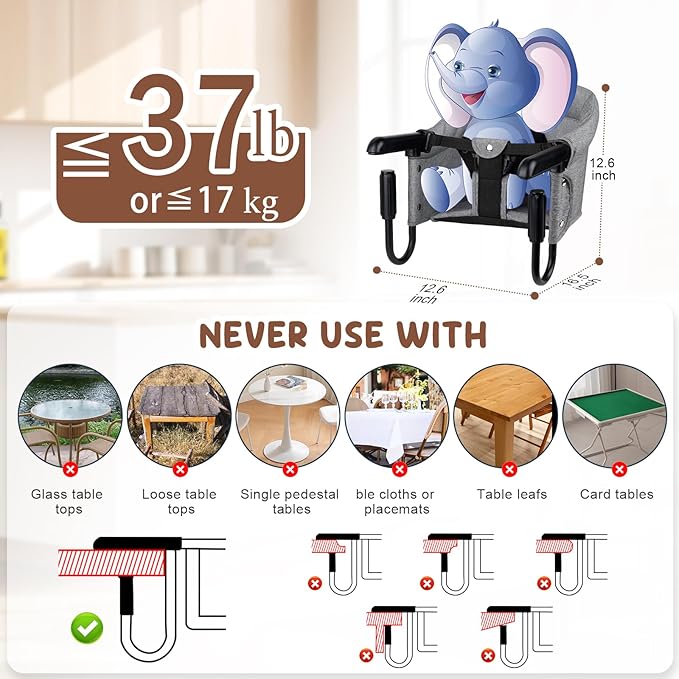 Portable Hook-On Baby High Chair with Clip-On Design & 37 lb Weight Capacity | Foldable Travel & Home Use for Babies 6-36 Months | Includes Storage Bag, Grey