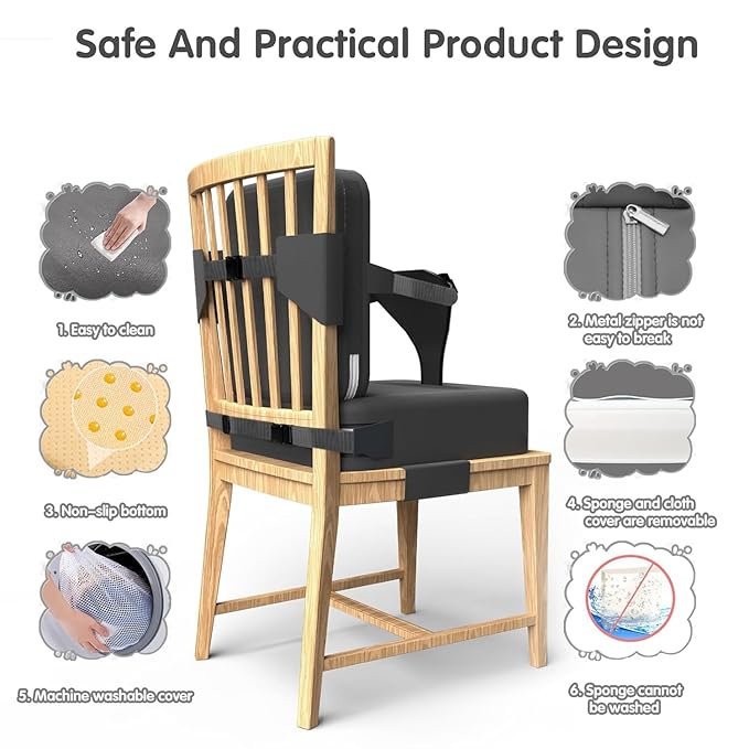 Toddler Booster Seat for Dining Table,Booster Seat for Kitchen Chair with Extended Straps,2PCS Portable with Safety Buckles,Suitable for Kids Aged 3-12 in Restaurants (Grey)