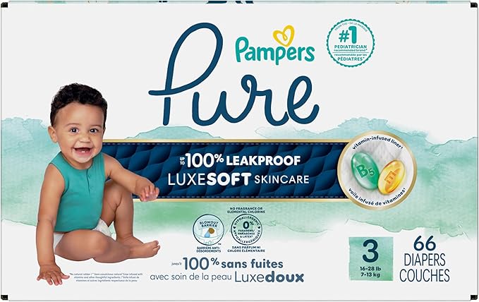 Pampers Pure Baby Diapers, Size 3 (16-28 lbs), 66, Up to 100% Leakproof, Premium Hypoallergenic Soft Diapers