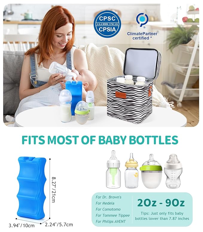 PIIOSER Breastmilk Cooler Bag with Ice Pack, Fits 6 Baby Bottles Up to 9 Oz, Stylish Baby Cooler Travel Bags with Shoulder Strap, Double Deck & Leakproof for Nursing & Working Moms(Zebra Printed)