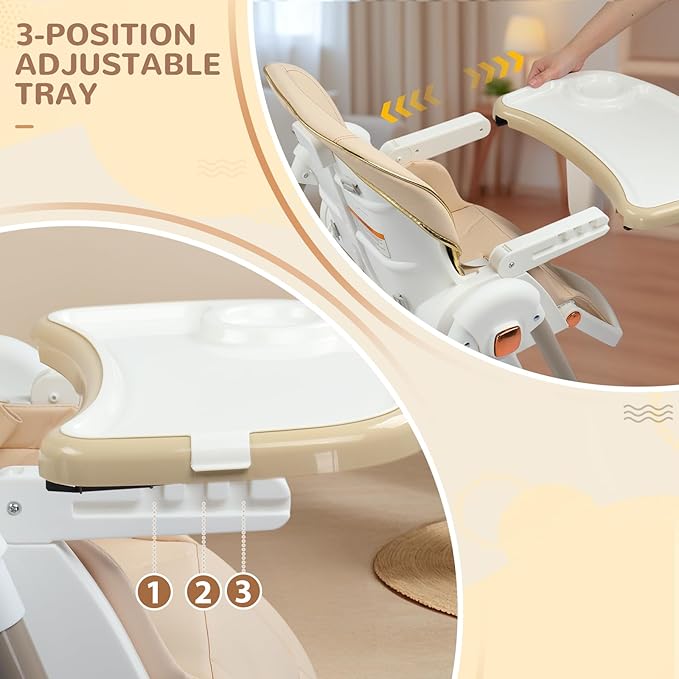 Ktaxon Folding Baby High Chair, Adjustable Height Highchair with Backrest, Dual-Layer Tray and 5-Point Safety Harness for Toddlers & Babies, Beige