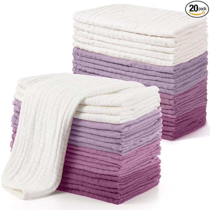 Buryeah Muslin 20 Pcs Burp Cloths Large 20" x 10" 100% Cotton 6 Layers Ultra Absorbent and Soft Hand Washcloths for Baby Drool and Messes Gentle Burp Cloth for Boys & Girls(Vibrant Color)