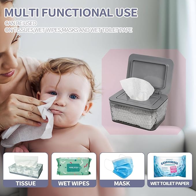 Wipes Dispenser, One-Handed Operation Wipe Holder for Baby & Adult, Seal-Designed Wipes Container for Bathroom Keep Diaper Wipes Fresh (Grey)
