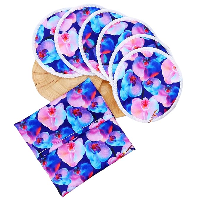 Reusable Nursing Pads with Heart Pattern, White and Black, Washable Breastfeeding Pads with 1 Pouch (6+1purpleflower)