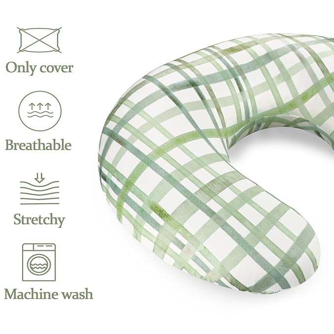 Nursing Pillow Cover, Removable Nursing Covers for Breastfeeding Pillows, Stretchy and Soft Fit for Baby Girls Boys Newborn, Green Grid (Only Cover)