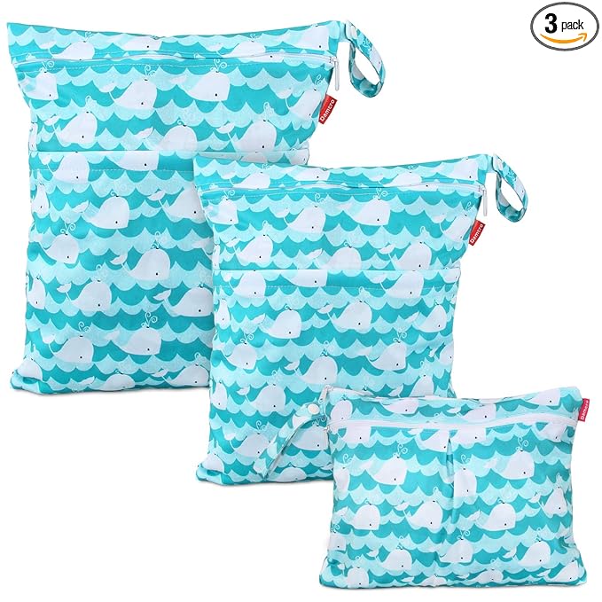 Damero 3Pcs Wet Dry Bag with 2 Zippered Pockets and Snap Handle for Cloth Diaper, Swimsuit, Clothes, Ideal for Travel, Exercise, Daycare, Roomy and Water-resistant (Cute Whale)