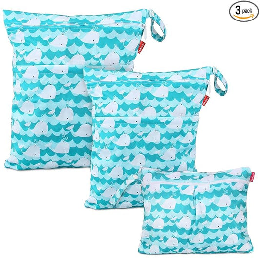 Damero 3Pcs Wet Dry Bag with 2 Zippered Pockets and Snap Handle for Cloth Diaper, Swimsuit, Clothes, Ideal for Travel, Exercise, Daycare, Roomy and Water-resistant (Cute Whale)