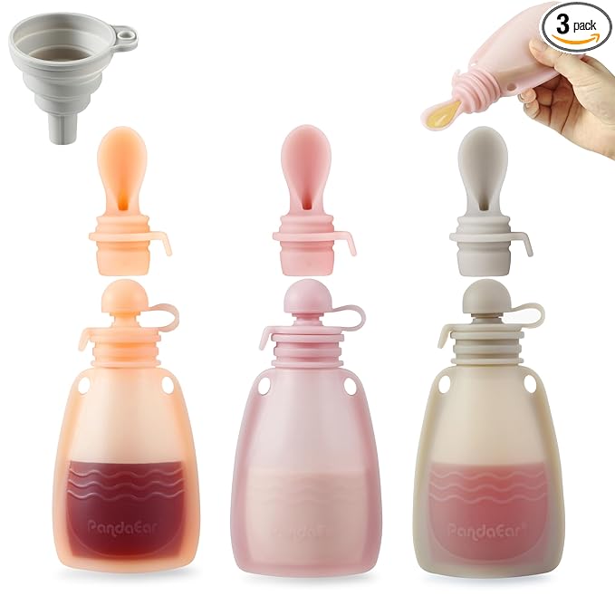 PandaEar 3 Pack Reusable Silicone Baby Food Pouches with Spoon Feeder-5.5oz Leak-Proof Squeeze Pouches for Toddler & Infant-Refillable Food Storage for Homemade Puree, Yogurt Cereal-7pc Set Linen/Pink