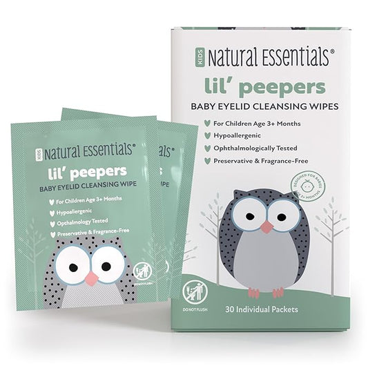 Natural Essentials Lil' Peepers Baby Eye Wipes and Eyelid Cleanser, Preservative-Free & Rinse-Free, Pediatrician Recommended Hypoallergenic Soft Eyelid Wipes for Babies, Kids and Adults (30 Count)