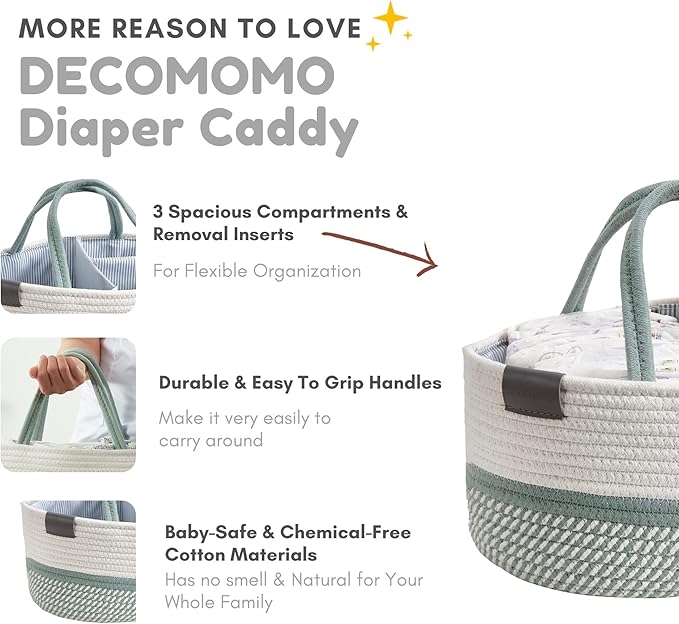 DECOMOMO XL Baby Caddy Organizer, Mother's Day Diaper Caddy Basket, Baskets for Baby Shower Gifts (Sage Green & White, Extra Large)