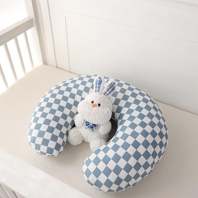 DILIMI Nursing Pillow Cover, Stretchy Removable Case for Breastfeeding Pillows, Ultra Soft Comfortable Slipcover for Baby Girl and Boy, Blue Checkerboard