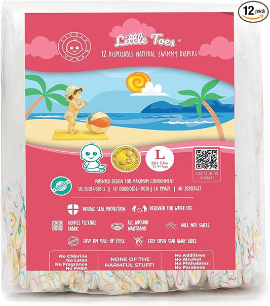 Little Toes Premium Natural Disposable Swim Diapers, Size 5 Large (26+ lbs) (12 Count) | Baby Disposable Swim Diapers | Hypoallergenic, Chlorine & Fragrance-Free | Gentle on Sensitive Skin