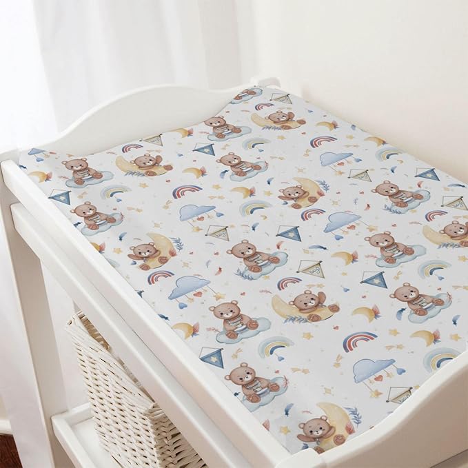 Cartoon Cute Bear Boy Changing Pad Covers Blue Bear Rainbow Moon Stars Clouds Leaf Baby Change Table Sheets Cover for Boys Girls Soft Stretchy Diaper Changing Table Mats 32''x16''