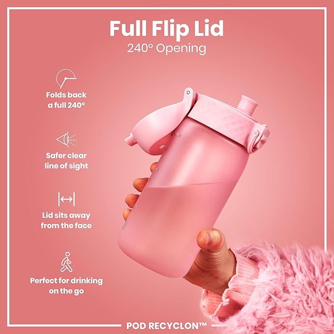 Ion8 Small Water Bottle, 350 ml/12 oz, Leak Proof, Easy to Open, Secure Lock, Dishwasher Safe, BPA Free, Carry Handle, Hygienic Flip Cover, Easy Clean, Odor Free, Carbon Neutral, Rose Quartz Pink