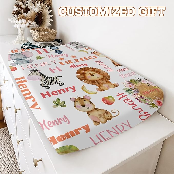 Custom Name Changing Pad Cover - 2 Piece Customizable Lion Print Changing Pad Cover - Cotton Toddler Baby Pee Pad Cover for Diaper Changing Table Nursery Protector