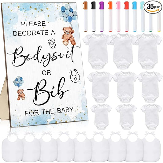 Roowest 35 Pcs Baby Shower Bibs Games Design Wooden Baby Shower Party Game Sign DIY Bodysuit Sign 15 White Blank Bibs 9 Bodysuit 10 Markers for Party Supplies(Bear)