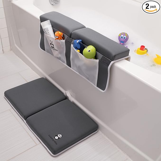 Bath Kneeler and Elbow Rest Pad Set - 2PC Premium Baby Bath Mat Set - Non-Slip Kneeling Pad with Storage Pockets - Machine Washable, Durable Foam Pad Bundle - Gray