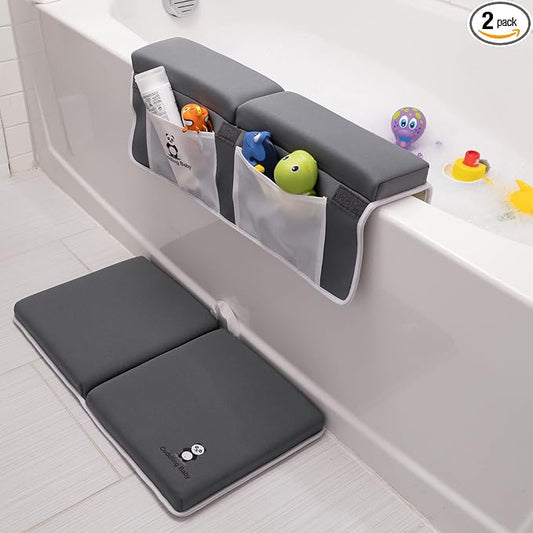 Bath Kneeler and Elbow Rest Pad Set - 2PC Premium Baby Bath Mat Set - Non-Slip Kneeling Pad with Storage Pockets - Machine Washable, Durable Foam Pad Bundle - Gray