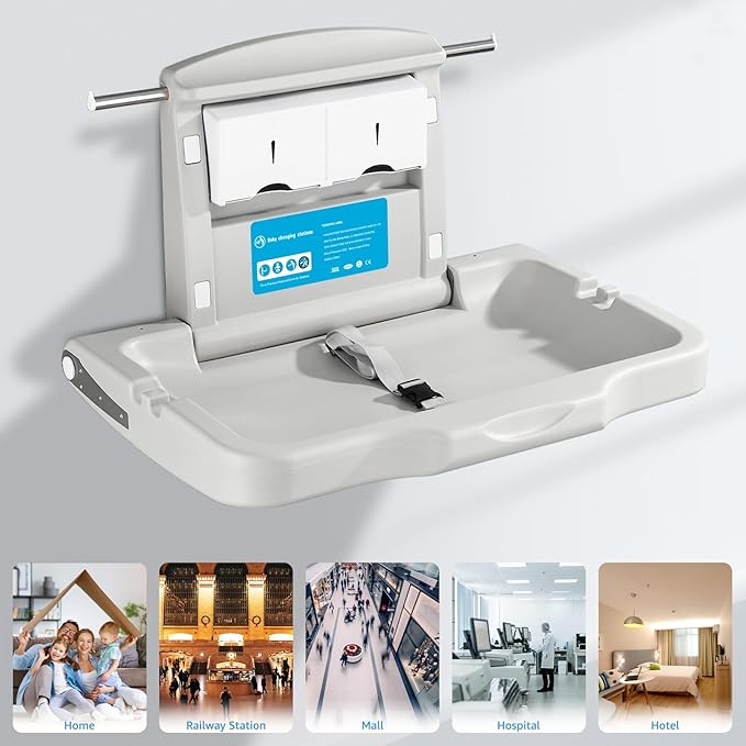 Commercial Baby Changing Station Wall-Mount: Modunful Foldable Diaper Changing Table with Safety Straps for Home/Restaurants/Hotels/Schools/Airports