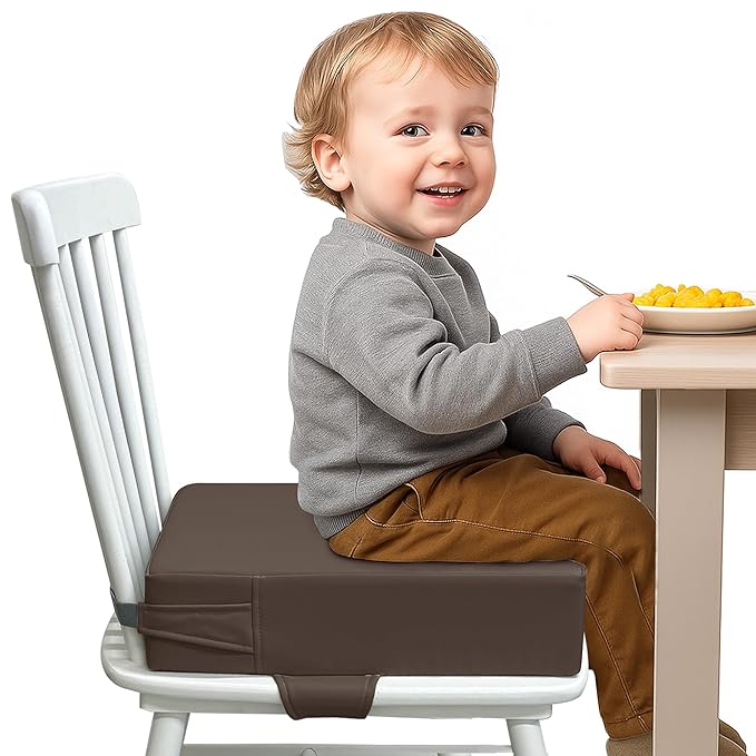 Toddler Booster Seat for Dining Table – PU Washable Cushion with Double Safe Straps, Non-Slip Bottom, Portable Travel Booster Seat for Toddlers (Dark Brown)