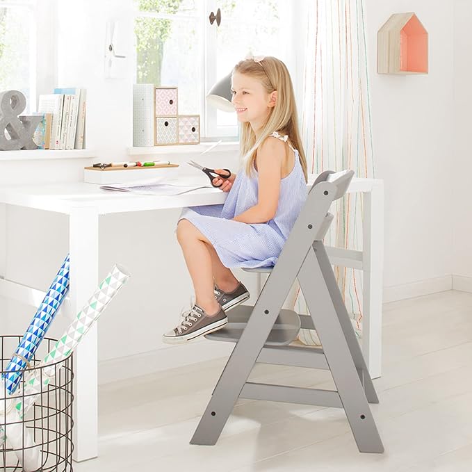hauck Alpha+ Grow Along Seat Solid Beechwood Booster Chair with Adjustable Seat, 5 Point Safety Harness, & Bumper Bar for Infants & Toddlers, Grey