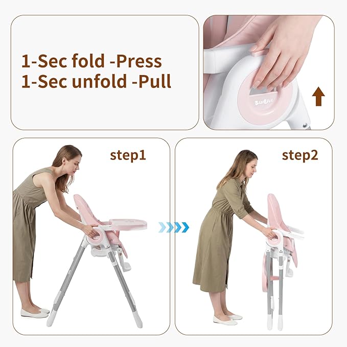 Babilous High Chair, Foldable High Chairs for Babies and Toddlers, Ultra Safe for Infant with Lockable Wheels, Easy Clean, Removable Tray/Adjustable Footrest for Baby Feeding HighChair, Pink