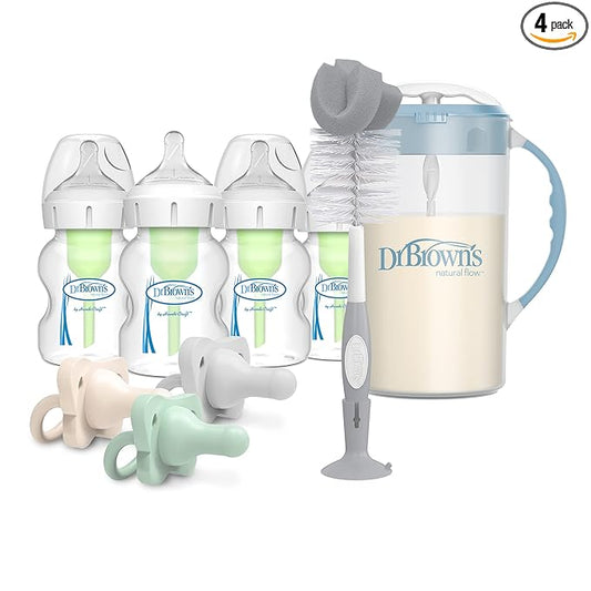 Dr. Brown’s Wide-Neck Baby Bottles 5 oz/150 mL, 4 Pack, with Formula Mixing Pitcher, Reusable Sponge Baby Bottle Cleaning Brush, HappyPaci Pacifiers, Gray, Green, Ecru
