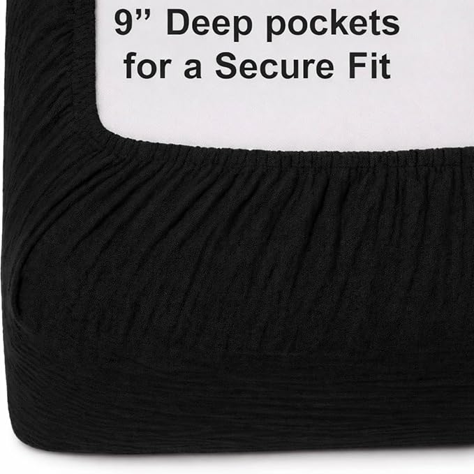 2 Pack Black Muslin Crib Sheets for Boys & Girl- Neutral Breathable Cotton Crib Mattress Sheets Fitted for Standard 28"x 52"- Nursery Décor No Slip Crib Bed Sheets