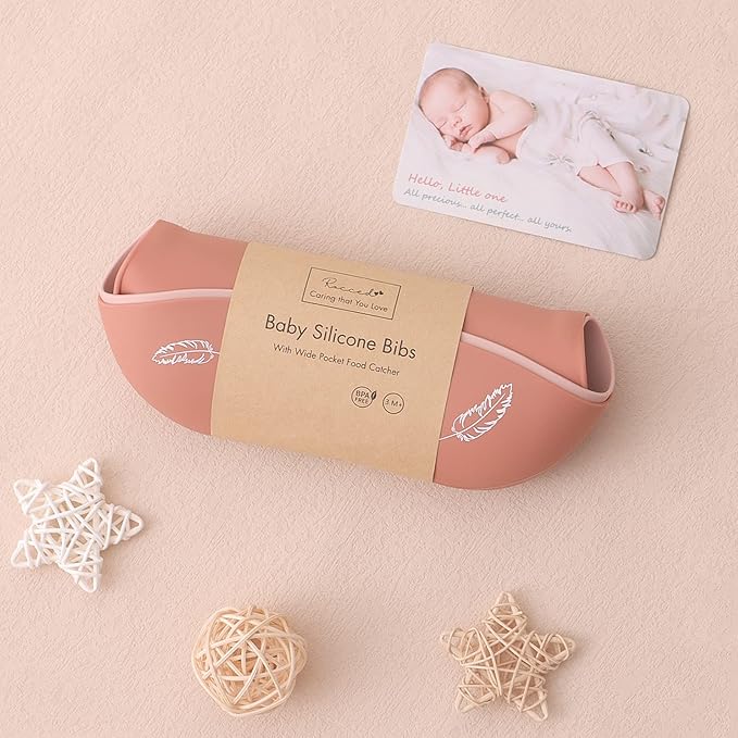 ROCCED Baby Silicone Bibs 2 Sets Baby Bibs with Food Catcher for Girls Boys Toddlers BPA Free Waterproof Soft Adjustable for Babies-Soft Pink/Pale Mauve