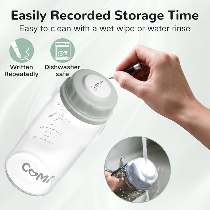 COMI Natural Glass Baby Bottle,Breastmilk Storage Bottle for Fridge,Breast Milk Container,Breast Pump Bottle Compatible with Medela Breast Pump,BPA Free,2PCS (5oz,2 Gray Lids)