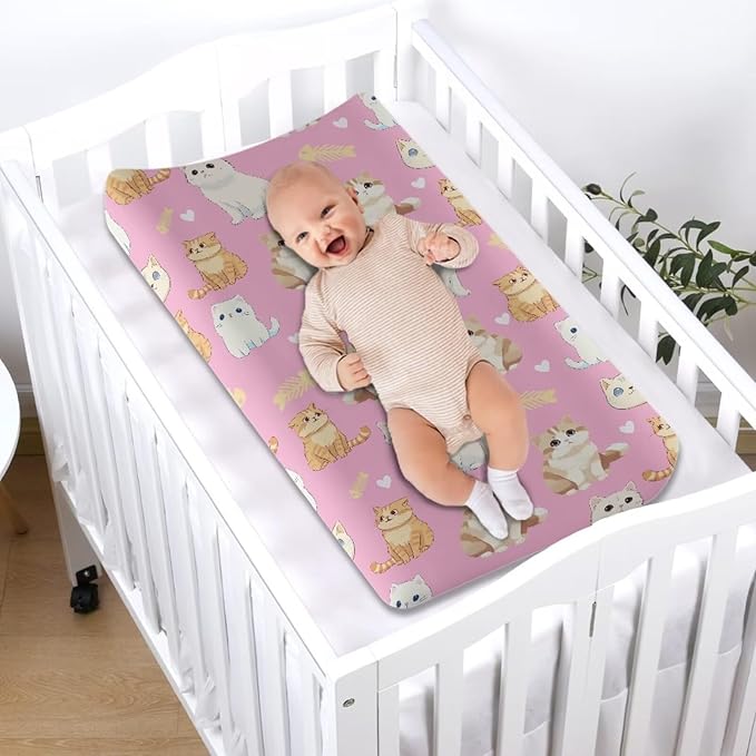 Stretchy Diaper Changing Table Cover, Snug and Soft Change Table Pad Covers Fit 16 * 32 Inches, Kitties Pink