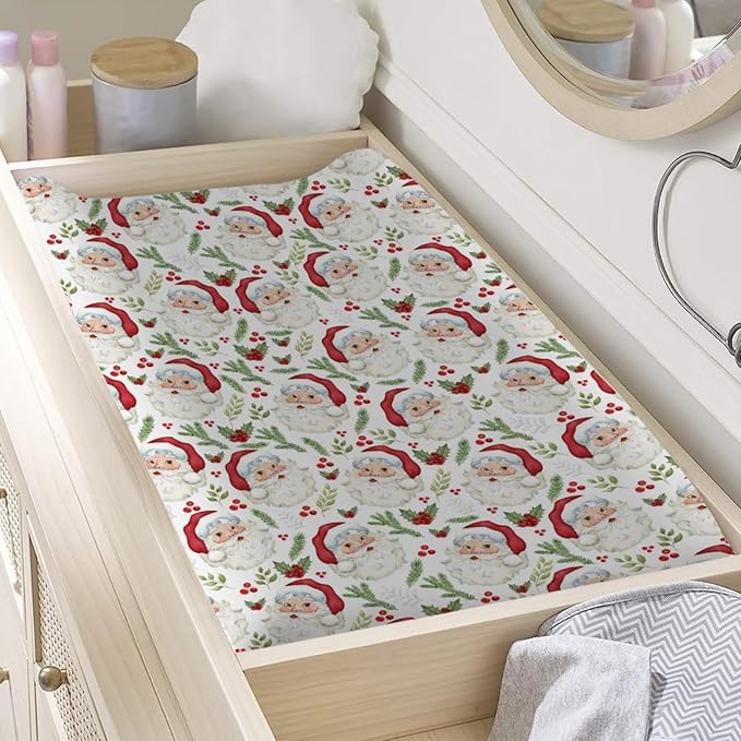 Funny Santa Claus Changing Pad Covers Christmas Cherry Fir Leaves Diaper Changing Table Sheets Cover for Baby Boys Girls Winter Soft Breathable Stretchy Baby Changing Pad Mats 32''x16''