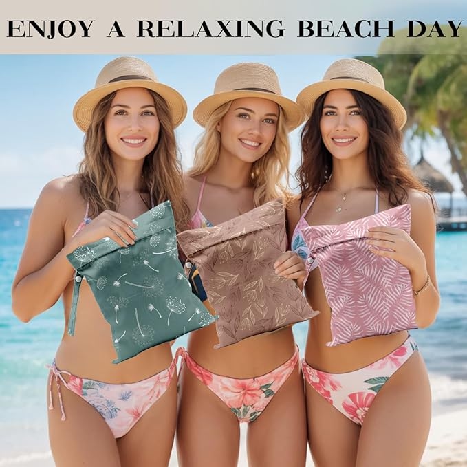 3 PCS Dandelion Travel Laundry Bags 12x10 Inch, Waterproof Washable Reusable Wet Bag with Handle, Wet Dry Bag for Swimsuit Travel Beach Pool Diapers Dirty Yoga Gym Clothes Stroller Toiletries