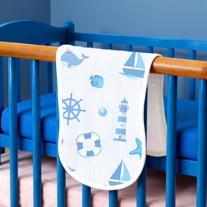 6 Pack Blue Burp Cloths Baby Boys Girls with Ocean Animals Pattern, Large Cotton Burping Clothes for Newborns Gifts Extra Soft and Absorbent 9.8X19.6inches
