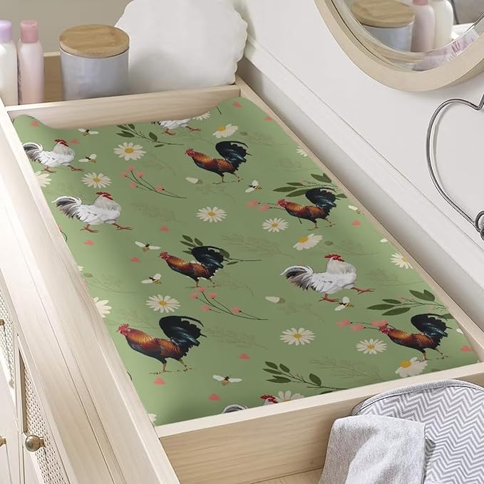 Rooster Floral Changing Pad Cover for Baby Boys Girls Super Soft Diaper Changing Pad Covers Infant Newborn Changing Mat Cover Changing Table Sheet Fitted 32”x16”