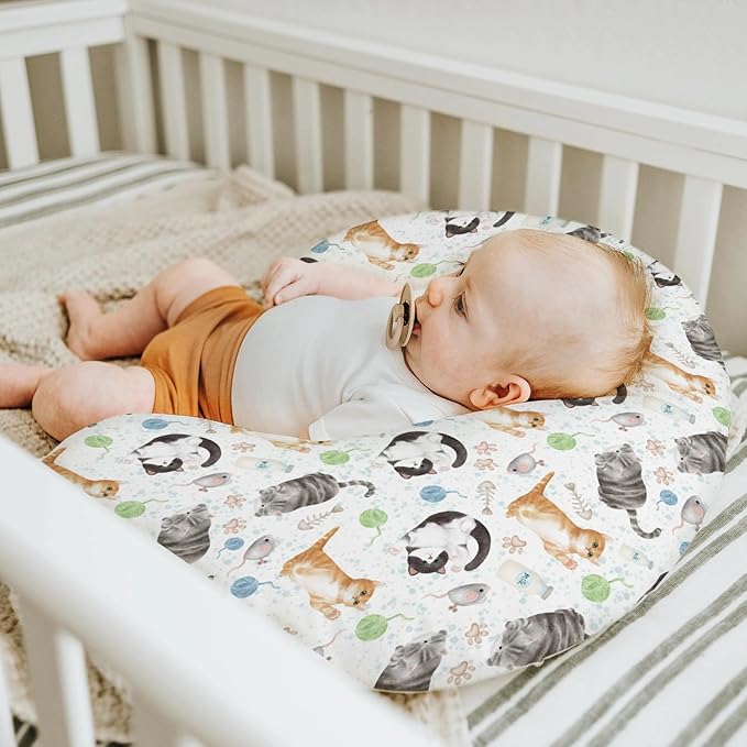 Cute Cat Baby Nursing Pillow Covers for Boy Girl Watercolor Cat Paws Mouse Toy Balls Neutral Nursery Pillowcase for Breastfeeding Pillows Cats Lovers Gift Soft Stretchy Slipcovers for Newborn Infant