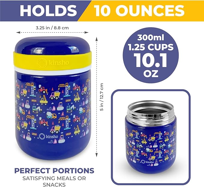 Bento Box With Thermo, Insulated Lunch Bag, & Ice Pack Set For Kids Or Toddlers. Stainless Steel Food Jar, 5 Compartment Lunch-Box For Pre-School Or Daycare, Blue Yellow Trucks