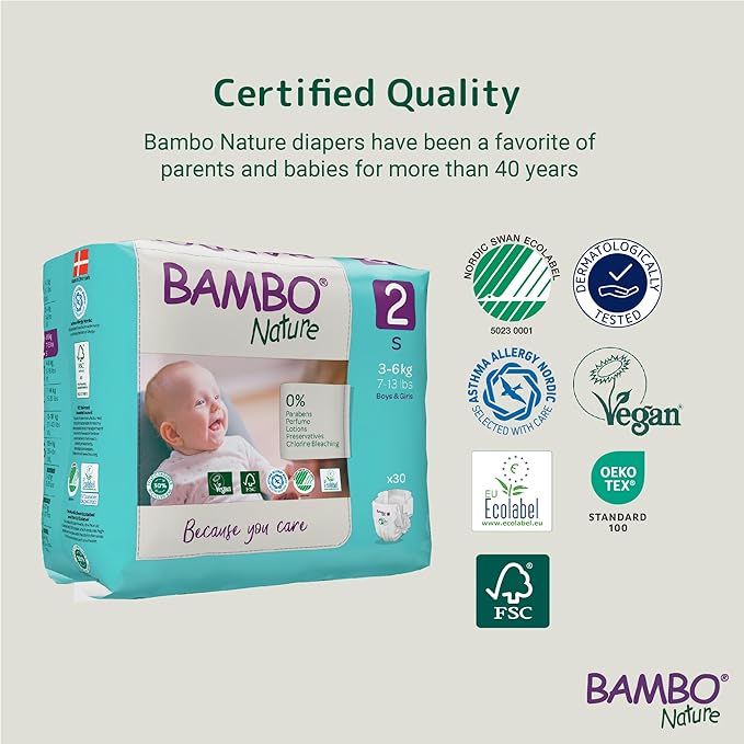 Bambo Nature Hypoallergenic Baby Diapers, Eco-Labeled Diapers, Enhanced Leakage Protection, Totally Chlorine-Free, Skin Friendly, and Super Absorbent - Size 2 (30 Count)