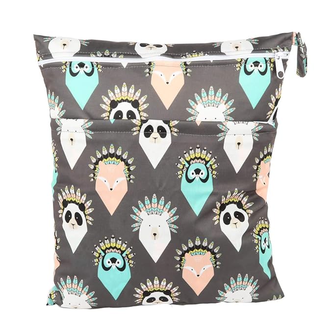 2 Wet Bags Reusable Diaper Nappy With Two Zippered Pockets (Teepee and American Native Animal)