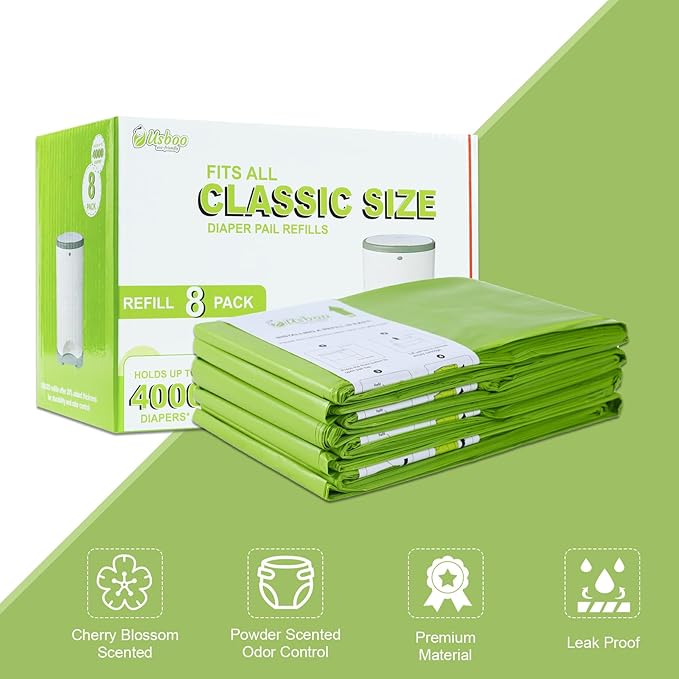 USBOO Refills Compatible with Dekor Classic Diaper Pail | 8 Pack | Disposable Diaper Pail Refill | Extra Thickness | Quick & Easy to Replace | Cherry Blossom Scented | Holds up to 4000 Diapers
