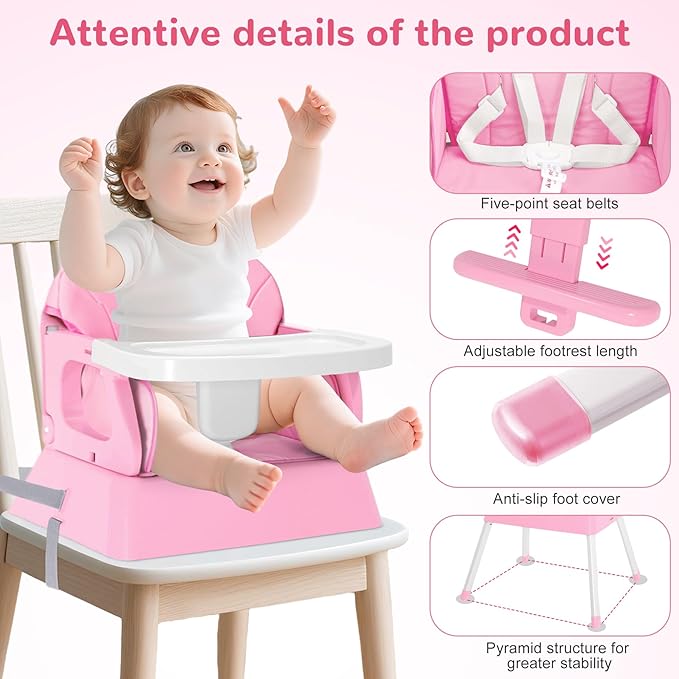 BOSEDSANG 4-in-1 Baby High Chair, Convertible Highchair for Babies and Toddlers, Portable High Chair with Foldable Design, Booster Seat for Kitchen, Dining & Outdoor Use, Easy to Clean & Storage(Pink)