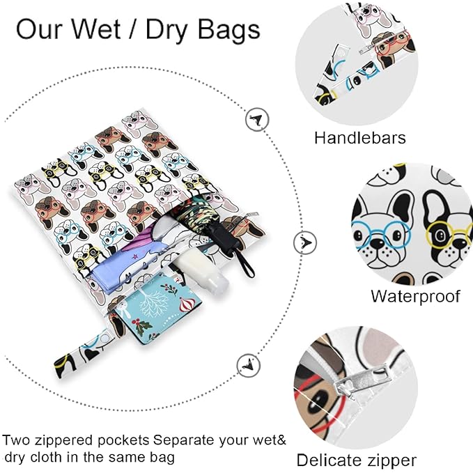 visesunny French Bulldog 2Pcs Wet Bag with Zippered Pockets Washable Reusable Roomy for Travel,Beach,Pool,Daycare,Stroller,Diapers,Dirty Gym Clothes, Wet Swimsuits, Toiletries