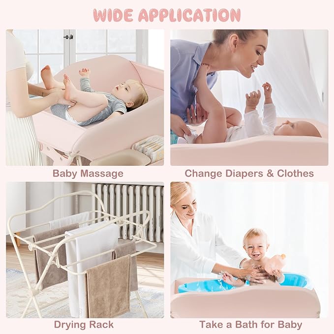 HONEY JOY Changing Table, Folding Mobile Diaper Nursery Organizer w/Wheel, 3 Adjustable Heights, Storage Bag & Open Shelf, Water Basin, Portable Baby Changing Station for Newborn Infant(Pink)