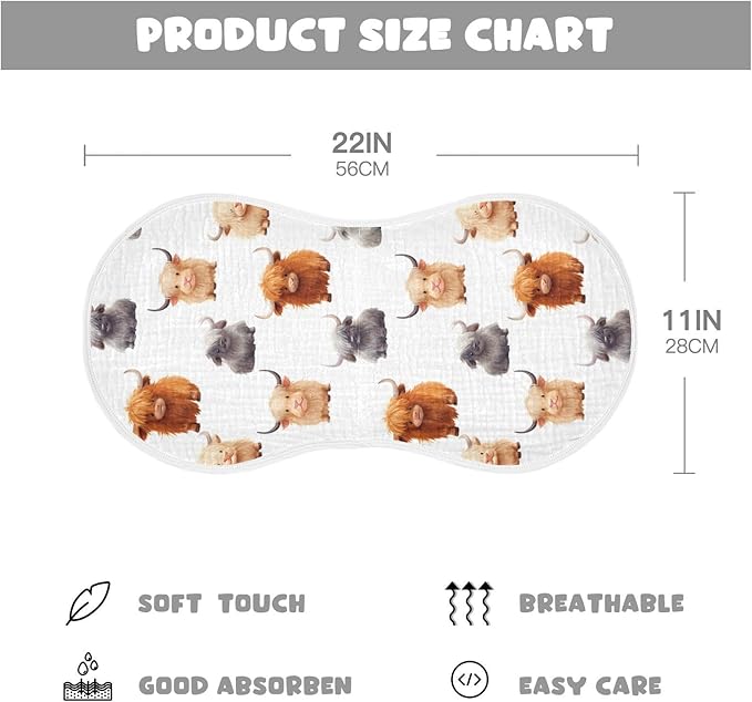 1Pc Cute Highland Cow Pattern Burp Cloth,Unisex Large Absorbent Soft Cotton Muslin Burping Cloths for Newborn Boys Girls,11x22in,A110859